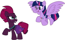Size: 10343x6459 | Tagged: safe, alternate version, artist:ejlightning007arts, edit, fizzlepop berrytwist, tempest shadow, twilight sparkle, twilight sparkle (alicorn), alicorn, pony, unicorn, broken horn, clothes, cute, equestria girls outfit, eye scar, female, flying, happy, horn, lesbian, open mouth, redesign, running, sarong, scar, shipping, simple background, smiling, swimsuit, tempestlight, transparent background, vector