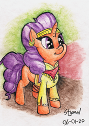 Size: 1218x1715 | Tagged: safe, artist:stjonal, saffron masala, pony, unicorn, adorkable, clothes, colorful background, curly hair, curly mane, cute, dork, ear piercing, earring, female, headband, jewelry, mare, orange coat, piercing, purple eyes, saffronbetes, scarf, shirt, signature, simple background, smiling, standing, traditional art, watercolor painting