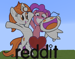 Size: 1280x1004 | Tagged: safe, alternate version, artist:hell00001, pinkie pie, oc, oc:karma, earth pony, pony, unicorn, arms in the air, bipedal, cutie mark, female, happy, heart, mare, minecraft, minecraft pixel art, pixel art, ponified, reddit, snoo, upvote, vector