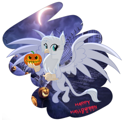 Size: 1920x1849 | Tagged: safe, artist:dianamur, oc, griffon, deviantart watermark, female, halloween, holiday, jack-o-lantern, obtrusive watermark, pumpkin, solo, watermark