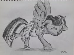 Size: 3264x2448 | Tagged: safe, artist:rockhoppr3, twilight sparkle, twilight sparkle (alicorn), alicorn, pony, ballerina, clothes, do the sparkle, monochrome, solo, traditional art, tutu, twilarina