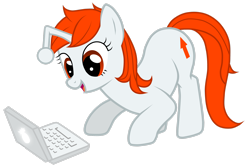 Size: 2984x2009 | Tagged: safe, artist:jennieoo, oc, oc only, oc:karma, pony, unicorn, commission, computer, cutie mark, female, laptop computer, looking at something, mare, ponified, reddit, simple background, solo, transparent background, upvote, vector