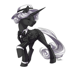 Size: 894x894 | Tagged: safe, artist:moenkin, oc, oc only, oc:aerye, pony, unicorn, black and white, clothes, female, grayscale, hat, mare, monochrome, pinstripes, solo, suit, unicorn oc