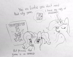 Size: 1684x1325 | Tagged: safe, artist:tjpones, luster dawn, princess twilight 2.0, twilight sparkle, twilight sparkle (alicorn), alicorn, pony, unicorn, the last problem, dab, dialogue, duo, female, fortnite, lustie, magic, mare, millennial luster dawn, minecraft, paper, poster, simple background, telekinesis, traditional art, white background, zoomer