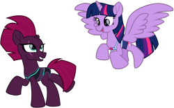 Size: 10343x6459 | Tagged: safe, alternate version, artist:ejlightning007arts, edit, fizzlepop berrytwist, tempest shadow, twilight sparkle, twilight sparkle (alicorn), alicorn, pony, unicorn, broken horn, clothes, cute, equestria girls outfit, eye scar, female, flying, happy, horn, lesbian, open mouth, redesign, running, scar, shipping, simple background, smiling, swimsuit, tempestlight, transparent background, two-piece swimsuit, vector