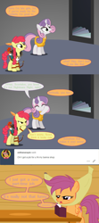 Size: 3200x7200 | Tagged: safe, artist:gm-scoots, derpibooru import, apple bloom, scootaloo, sweetie belle, comic:bleeding hearts, arrow, banana, bard, bow (weapon), bow and arrow, cutie mark crusaders, dungeons and dragons, fantasy class, feather, food, laughing, older, oubliette, pen and paper rpg, ranger, rpg, scootaloo will show us games to play, tumblr, weapon