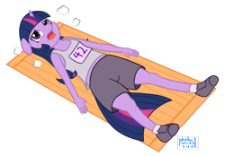 Size: 1000x697 | Tagged: safe, artist:phallen1, twilight sparkle, anthro, 42, atg 2019, clothes, exhausted, female, newbie artist training grounds, panting, running shoes, shorts, simple background, solo, sweat, tanktop, towel, transparent background