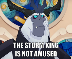 Size: 1023x840 | Tagged: safe, edit, edited screencap, screencap, storm king, yeti, my little pony: the movie, antagonist, armor, canterlot castle, caption, cropped, crown, fangs, frown, horns, image macro, jewelry, meme, regalia, solo, stained glass, text, unamused