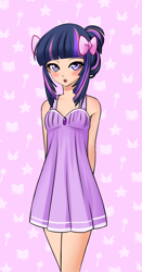 Size: 1382x2640 | Tagged: source needed, useless source url, safe, artist:racoonsan, twilight sparkle, human, anime, bedroom eyes, blushing, bow, cute, evening gown, female, hair bow, hands behind back, humanized, looking at you, open mouth, solo, twiabetes