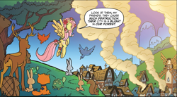 Size: 1041x575 | Tagged: safe, idw, fluttershy, pegasus, pony, ponies of dark water, spoiler:comic, animal, butt, comic, cropped, female, flying, mare, plot, poison ivyshy, rear view, speech bubble, spread wings, wings