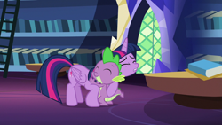 Size: 1280x720 | Tagged: safe, derpibooru import, screencap, spike, twilight sparkle, twilight sparkle (alicorn), alicorn, dragon, father knows beast, book, bookshelf, hug, ladder, mama twilight, twilight's castle, winged spike