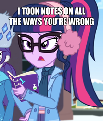 Size: 600x700 | Tagged: safe, edit, edited screencap, screencap, rarity, sci-twi, twilight sparkle, better together, equestria girls, holidays unwrapped, book, caption, cropped, earmuffs, image macro, ponytail, solo focus, text, winter break-in