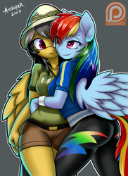 Size: 619x850 | Tagged: safe, artist:iloota, derpibooru import, daring do, rainbow dash, anthro, pegasus, better together, ass, beautiful, beautisexy, bedroom eyes, breasts, busty daring do, butt, clothes, daringdash, denim shorts, equestria girls outfit, female, gray background, hat, hug, jacket, leggings, lesbian, lidded eyes, mare, pants, patreon, patreon logo, patreon reward, pink eyes, pith helmet, rainboob dash, sexy, shipping, shirt, shorts, signature, simple background, smiling, surprised, t-shirt, thighs, wings, wristband