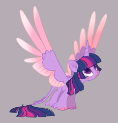 Size: 1280x1334 | Tagged: safe, artist:nemovonsilver, derpibooru import, twilight sparkle, twilight sparkle (alicorn), alicorn, pony, cloven hooves, colored hooves, colored wings, cute, female, gradient wings, gray background, horn, leonine tail, looking up, mare, open mouth, simple background, solo, spread wings, unshorn fetlocks, wings