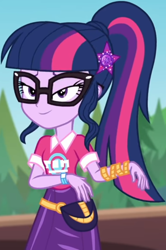 Size: 560x841 | Tagged: safe, screencap, sci-twi, twilight sparkle, better together, equestria girls, sunset's backstage pass!, clothes, collar, cropped, cute, female, forest, forest background, geode of telekinesis, glasses, hairclip, lidded eyes, logo, magical geodes, music festival outfit, ponytail, pouch, shirt, short sleeves, skirt, smiling, twiabetes, wrist wraps