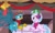 Size: 1435x859 | Tagged: safe, derpibooru import, screencap, gallus, silverstream, classical hippogriff, griffon, hippogriff, best gift ever, christmas decoration, clothes, cropped, duo, earmuffs, eye contact, female, flying, headband, looking at each other, low quality, male, mistletoe, needs more jpeg, ponyville, scarf, shipping fuel, train station