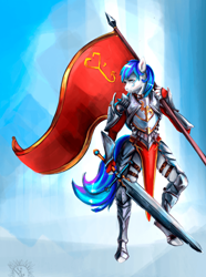 Size: 700x940 | Tagged: artist needed, safe, oc, oc:hooklined, anthro, earth pony, armor, face tattoo, female, flag, gauntlet, knight, longsword