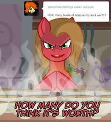 Size: 726x800 | Tagged: safe, artist:kaylathehedgehog, oc, oc:pun, pony, ask, ask pun, food, solo, soup