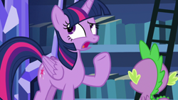 Size: 1280x720 | Tagged: safe, derpibooru import, screencap, spike, twilight sparkle, twilight sparkle (alicorn), alicorn, dragon, father knows beast, bookshelf, ladder, library, raised eyebrow, raised hoof, twilight's castle, twilight's castle library, winged spike