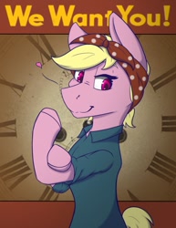 Size: 928x1200 | Tagged: safe, artist:lula-moonarts, derpibooru import, oc, oc only, pony, advertisement, bandana, bipedal, convention, looking at you, rosie the riveter, solo