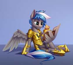 Size: 3000x2662 | Tagged: safe, artist:setharu, oc, oc:cloud zapper, pegasus, pony, armor, book, cupcake, dessert, food, hoof shoes, male, reading, sitting, solo, stallion, wing hands, wing hold, wings