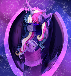 Size: 1576x1692 | Tagged: safe, artist:grateful-dead-raised, discord, twilight sparkle, twilight sparkle (alicorn), oc, oc:satin nebula, alicorn, draconequus, hybrid, pony, alternate design, discolight, female, interspecies offspring, male, offspring, parent:discord, parent:twilight sparkle, parents:discolight, shipping, straight