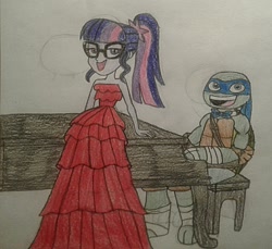 Size: 1036x948 | Tagged: safe, artist:jebens1, sci-twi, twilight sparkle, turtle, equestria girls, ariana grande, beauty and the beast, bowtie, clothes, crossover, dress, female, glasses, john legend, leonardo, male, musical instrument, open mouth, piano, ponytail, red dress, simple background, singing, song reference, teenage mutant ninja turtles, tmnt 2012, traditional art, white background