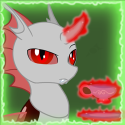 Size: 582x582 | Tagged: safe, artist:ravenpuff, oc, oc only, oc:abel, changeling, bust, changeling oc, cup, glowing horn, magic, male, plate, red changeling, slit eyes, solo, teacup, telekinesis