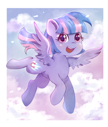 Size: 924x1085 | Tagged: safe, artist:whiskyice, wind sprint, pegasus, pony, common ground, cloud, female, filly, flying, happy, open mouth, sky, solo, spread wings, wings