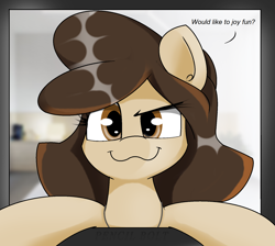 Size: 1712x1536 | Tagged: safe, artist:pencil bolt, oc, oc:louvely, earth pony, pony, bed, breaking the fourth wall, female, imminent sex, looking at you, solo