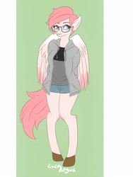 Size: 2592x3456 | Tagged: safe, derpibooru import, oc, oc only, anthro, pegasus, unguligrade anthro, anthro oc, clothes, cute pose, glasses, hoodie, pink, shorts, solo