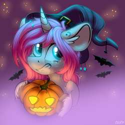 Size: 1600x1600 | Tagged: safe, artist:lilacclime, oc, oc only, oc:tarot, bat, pony, unicorn, blue eyes, clothes, female, glowing eyes, halloween, hat, holiday, long ears, mare, night, pink hair, pumpkin, smiling, solo, stars, unshorn fetlocks, witch, witch hat, ych result