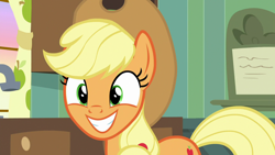 Size: 1280x720 | Tagged: safe, derpibooru import, screencap, applejack, earth pony, pony, going to seed, female, mare, smiling, solo