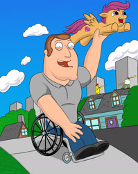 Size: 1128x1419 | Tagged: safe, artist:earthquake87, scootaloo, human, assisted flying, chainsaw, city, cityscape, cloud, crossover, ernie the giant chicken, family guy, friendship, happy, house, joe swanson, open mouth, outdoors, peter griffin, sidewalk, wheelchair