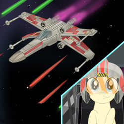 Size: 2500x2500 | Tagged: safe, artist:pizzamovies, derpibooru exclusive, derpibooru import, oc, oc only, oc:pizzamovies, pony, cockpit, laser, male, rebellion, smiling, solo, space, spaceship, star wars, starfighter, stars, window, x-wing