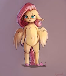 Size: 1946x2250 | Tagged: safe, artist:miokomata, fluttershy, pegasus, pony, semi-anthro, belly button, bipedal, blushing, chest fluff, cute, female, floppy ears, freckles, mare, shyabetes, signature, simple background