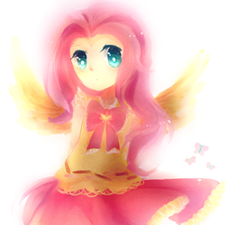 Size: 1500x1500 | Tagged: safe, artist:sea, fluttershy, butterfly, human, bow, clothes, cute, cutie mark, dress, female, hands behind back, humanized, looking at you, pixiv, shyabetes, simple background, solo, white background, winged humanization, wings