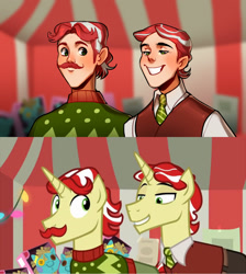 Size: 1280x1427 | Tagged: safe, artist:apchuyuji, artist:aphphphphp, derpibooru import, screencap, flam, flim, human, pony, unicorn, best gift ever, clothes, facial hair, flim flam brothers, grin, handsome, humanized, male, moustache, scene interpretation, smiling, stallion, sweater