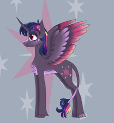 Size: 1395x1513 | Tagged: safe, artist:theo-0, twilight sparkle, twilight sparkle (alicorn), alicorn, pony, blaze (coat marking), chest fluff, coat markings, colored wings, curved horn, cutie mark, cutie mark background, female, horn, leonine tail, mare, pale belly, profile, redesign, solo, spread wings, unshorn fetlocks, wings