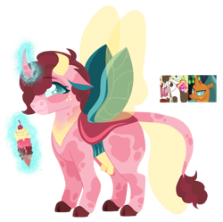 Size: 825x823 | Tagged: safe, artist:unoriginai, daisy jo, oc, oc:strawberry sorbet, changedling, changeling, cow, hybrid, adoptable, cute, food, ice cream, interspecies offspring, levitation, magic, magic aura, offspring, parent:daisy jo, screencap reference, simple background, telekinesis, transparent background, udder