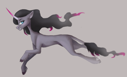 Size: 949x576 | Tagged: safe, artist:theo-0, oleander, unicorn, them's fightin' herds, cloven hooves, community related, curved horn, female, floppy ears, gray background, horn, leonine tail, looking back, mare, missing accessory, running, sidemouth, simple background, solo