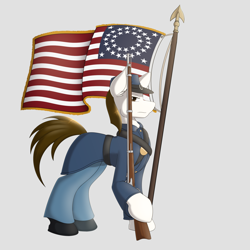 Size: 2000x2000 | Tagged: safe, artist:silverfox057, oc, oc only, oc:rough seas, earth pony, american civil war, civil war, flag, flag waving, gun, looking at you, musket, soldier, solo, stars and stripes, stoic, weapon