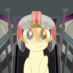 Size: 2500x2500 | Tagged: safe, alternate version, artist:pizzamovies, derpibooru import, oc, oc:pizzamovies, pony, blue eyes, button, looking at you, male, smiling, solo, space, spaceship, stallion, starfighter, stars, x-wing