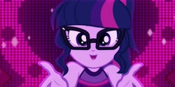 Size: 2000x1000 | Tagged: safe, screencap, sci-twi, twilight sparkle, better together, equestria girls, i'm on a yacht, beautiful, neon eg logo, sleeveless, smiling, solo, wrong aspect ratio