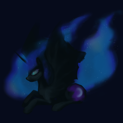 Size: 1000x1000 | Tagged: safe, artist:theo-0, nightmare moon, alicorn, pony, bat wings, blue background, ethereal mane, female, mare, missing accessory, prone, simple background, solo, spread wings, starry mane, wings