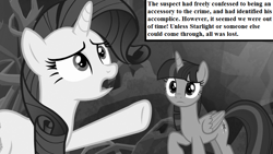 Size: 800x450 | Tagged: safe, derpibooru import, edit, edited screencap, screencap, rarity, twilight sparkle, twilight sparkle (alicorn), alicorn, pony, unicorn, rarity investigates, school raze, grayscale, implied cozy glow, implied starlight glimmer, implied tirek, monochrome, narration, tartarus, text, text box