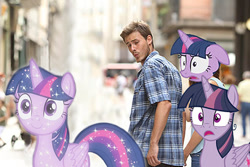 Size: 512x341 | Tagged: safe, artist:plotcore, derpibooru import, mean twilight sparkle, twilight sparkle, twilight sparkle (alicorn), alicorn, human, pony, the mean 6, what lies beneath, clone, distracted boyfriend meme, female, meme, multeity, sparkle sparkle sparkle, tree of harmony, treelight sparkle, triality, trio