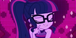 Size: 2000x1000 | Tagged: safe, screencap, sci-twi, twilight sparkle, better together, equestria girls, i'm on a yacht, beautiful, lip bite, neon eg logo, sleeveless, smiling, wrong aspect ratio