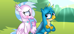 Size: 4157x1921 | Tagged: safe, artist:doraeartdreams-aspy, gallus, silverstream, griffon, hippogriff, blushing, cute, diastreamies, female, gallabetes, gallstream, jewelry, looking at each other, male, necklace, shipping, straight, sun