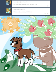 Size: 800x1022 | Tagged: safe, artist:askwinonadog, winona, dog, alternate dimension, apple, apple tree, ask, ask winona, chaos, dogscape, everything is winona, grass, solo, sun, tree, tumblr, wat